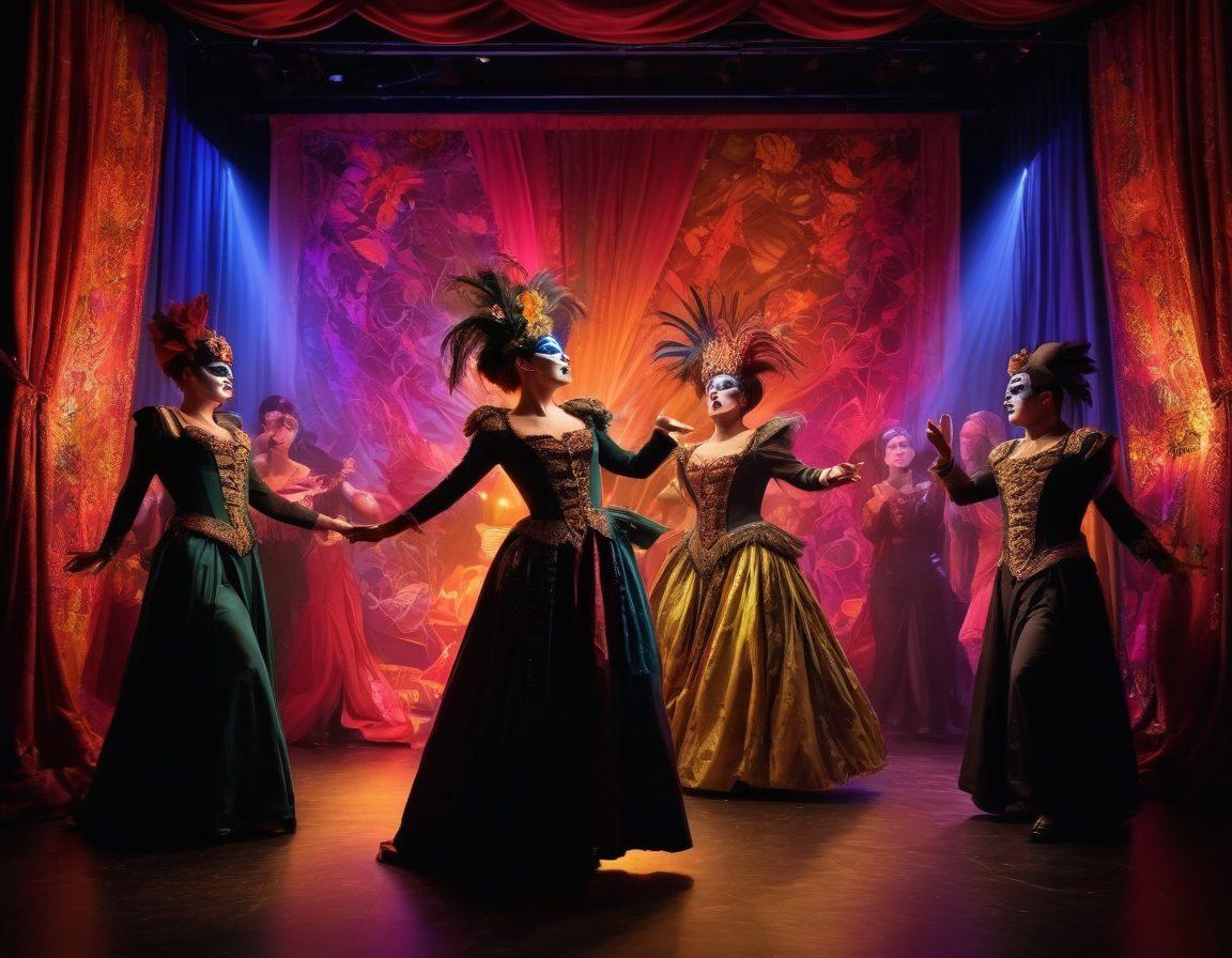 A vibrant scene depicting a captivating stage with performers engaged in provocative acts, surrounded by an intrigued audience. The performers, dressed in eclectic costumes, showcase dynamic movements against a backdrop of colorful lights and abstract patterns. The atmosphere is charged and electric, playfully hinting at a sense of indulgence and engagement. Elements of theatrical masks and velvet curtains enhance the allure. super-realistic. vibrant colors. dramatic lighting.