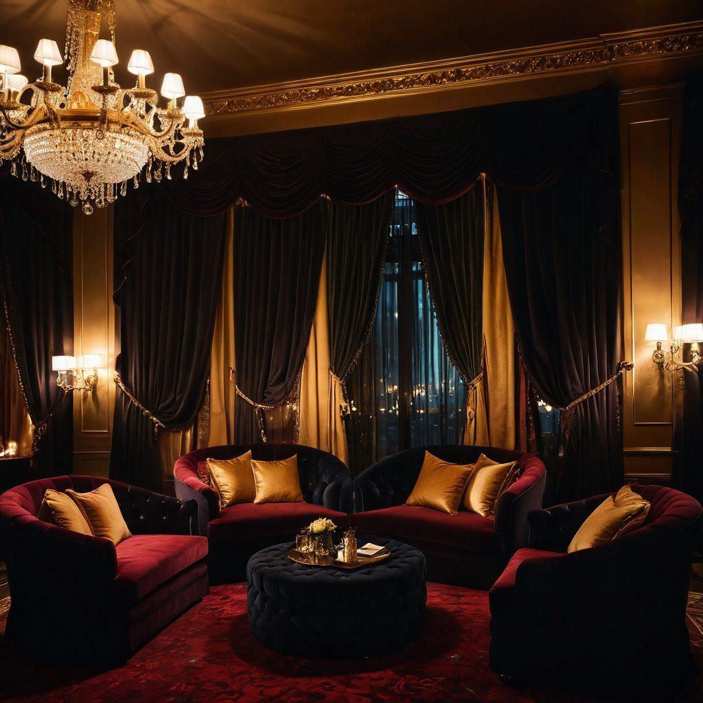 A luxurious, dimly lit lounge filled with elegant decor, featuring opulent velvet curtains and plush seating, creating an intimate ambiance. Silhouettes of alluring performers dressed in captivating costumes and alluring poses are elegantly positioned on stage, enticing the audience. The atmosphere is alive with soft golden lighting and a hint of mist, evoking a sense of mystery and allure. Subtle hints of vibrant colors underscore the erotic themes while maintaining sophistication. super-realistic. warm tones. cinematic lighting.